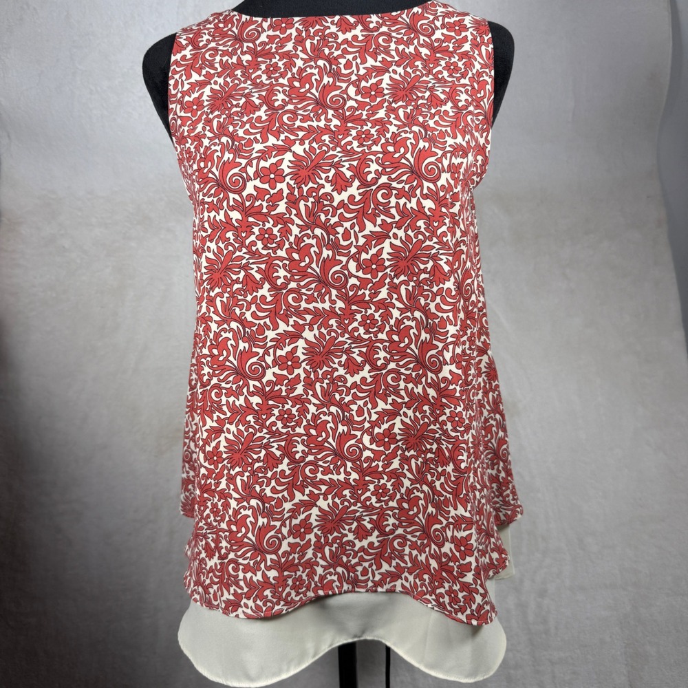 Loft Outlet Womens Red Cream Floral Scroll Tiered Sleeveless Shell Blouse Size S